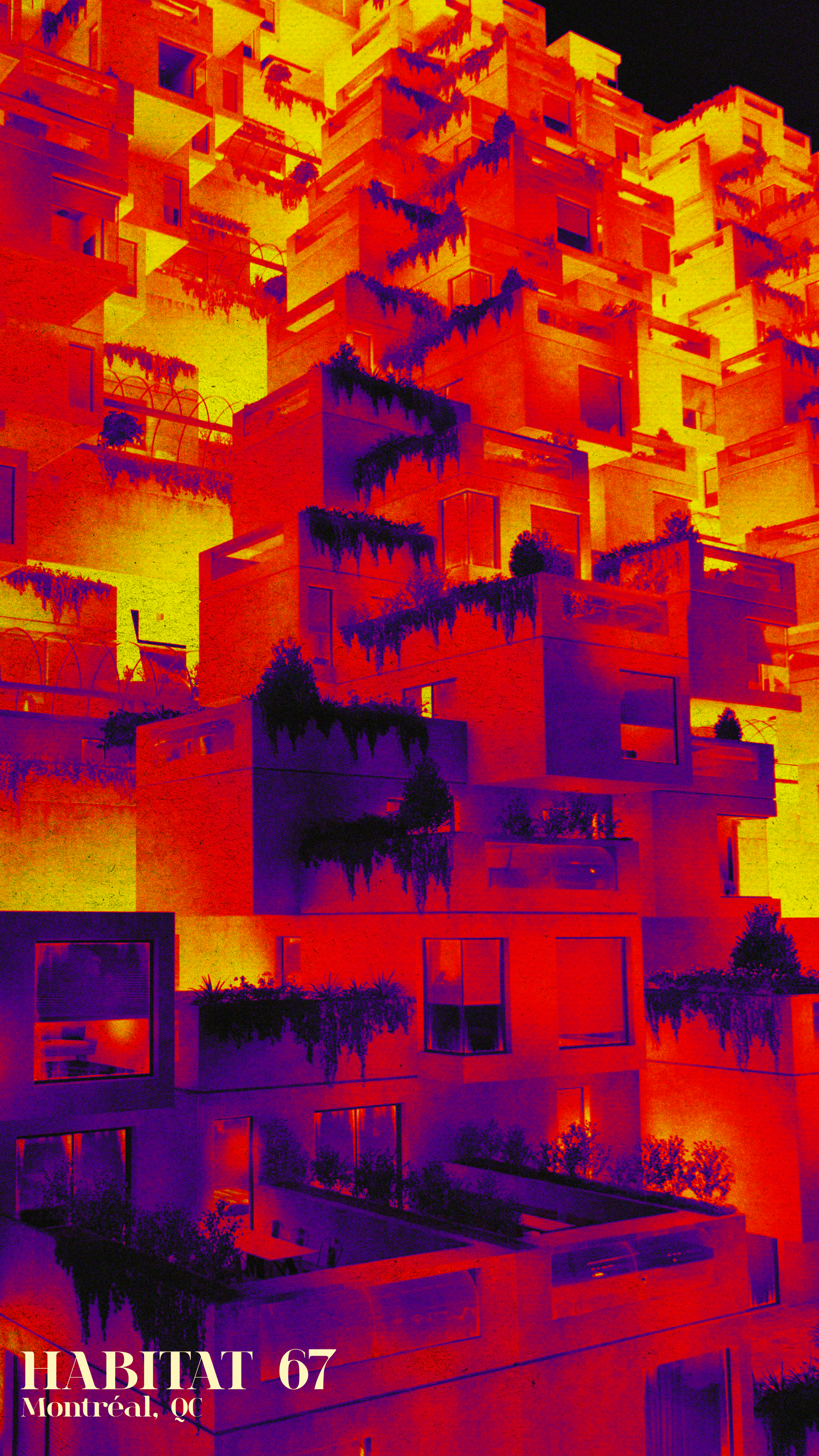 computer-generated image of Habitat 67, Montreal, Canada with colourful purple-orange filter, yellow shadows and grain