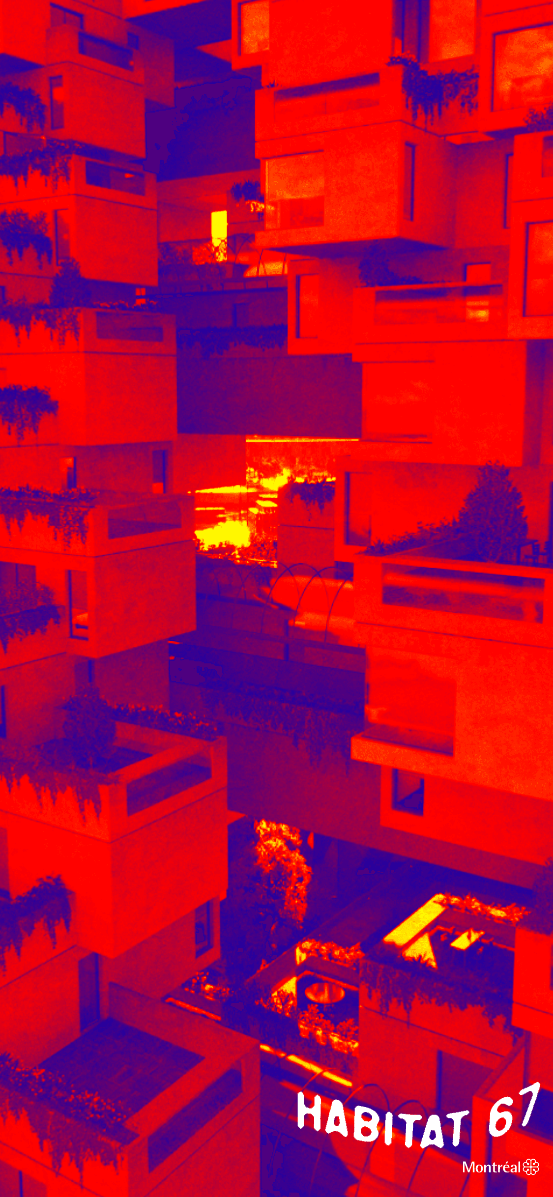 computer-generated image of Habitat 67, Montreal, Canada with colourful purple-orange filter, yellow shadows and grain