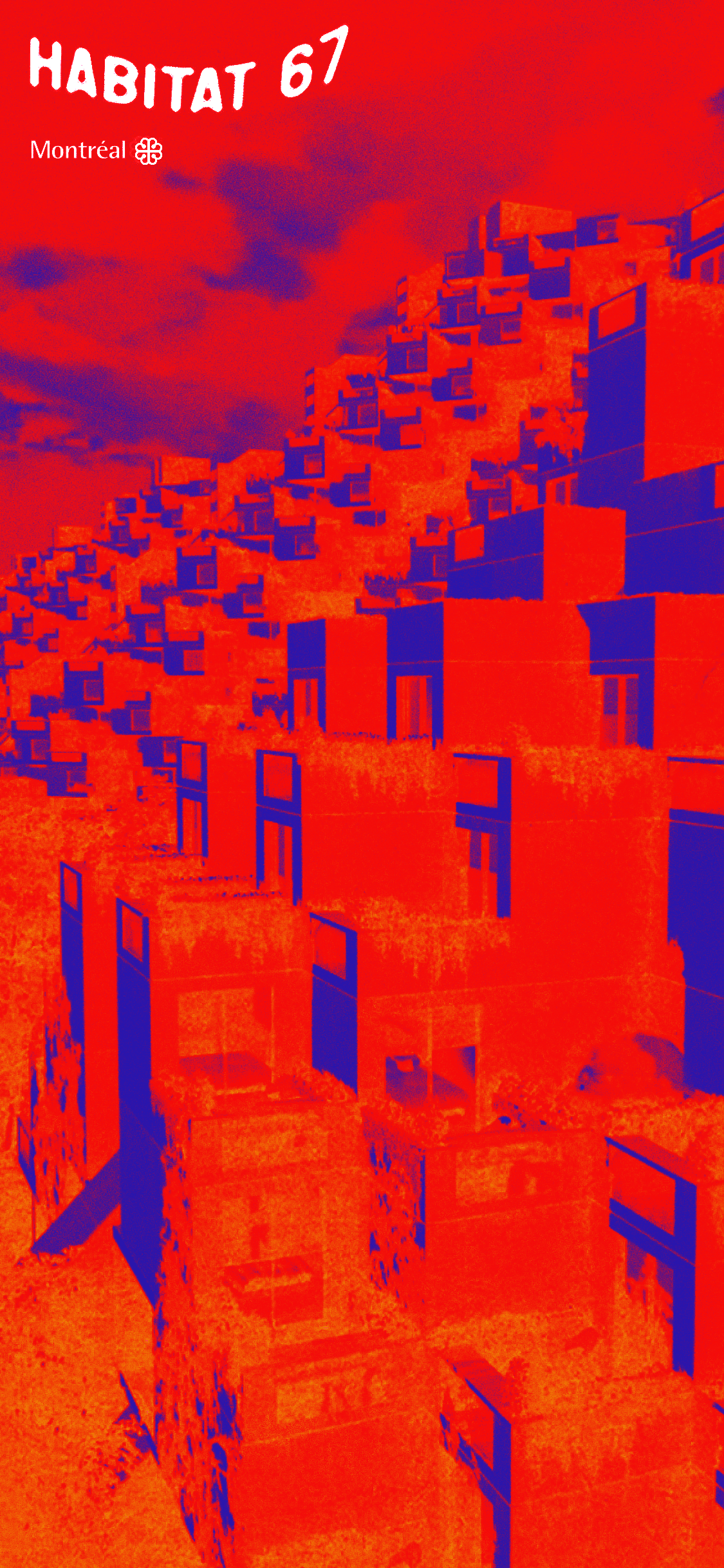 computer-generated image of Habitat 67, Montreal, Canada with colourful blue-orange filter and grain